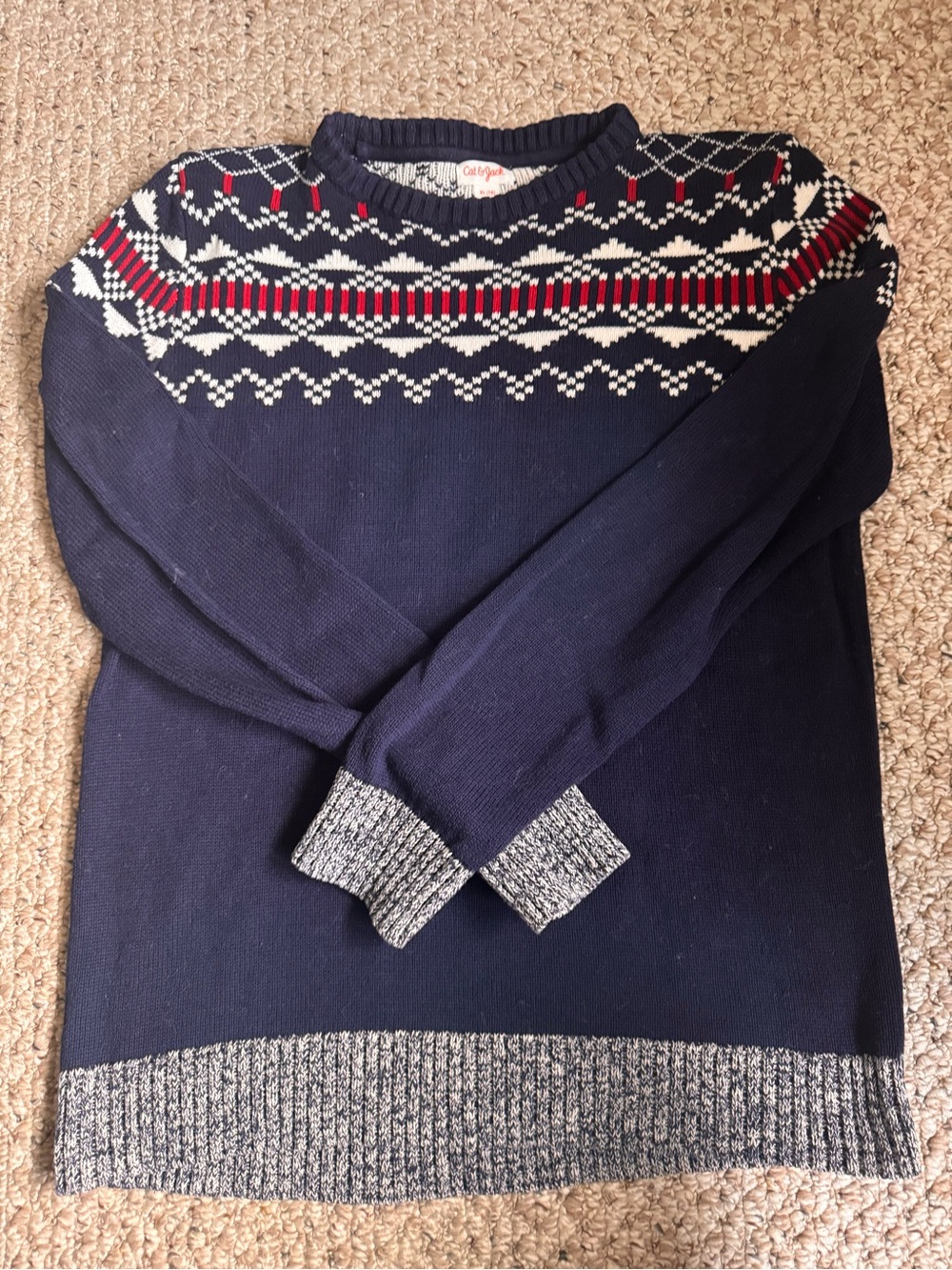 Cat & Jack Navy Fair Isle Crewneck Sweater Red/White 100% cotton Sz XL 16 Kids